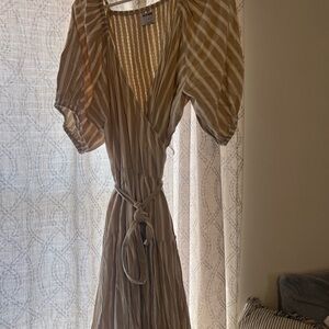 Elegant Beige Striped Wrap Dress